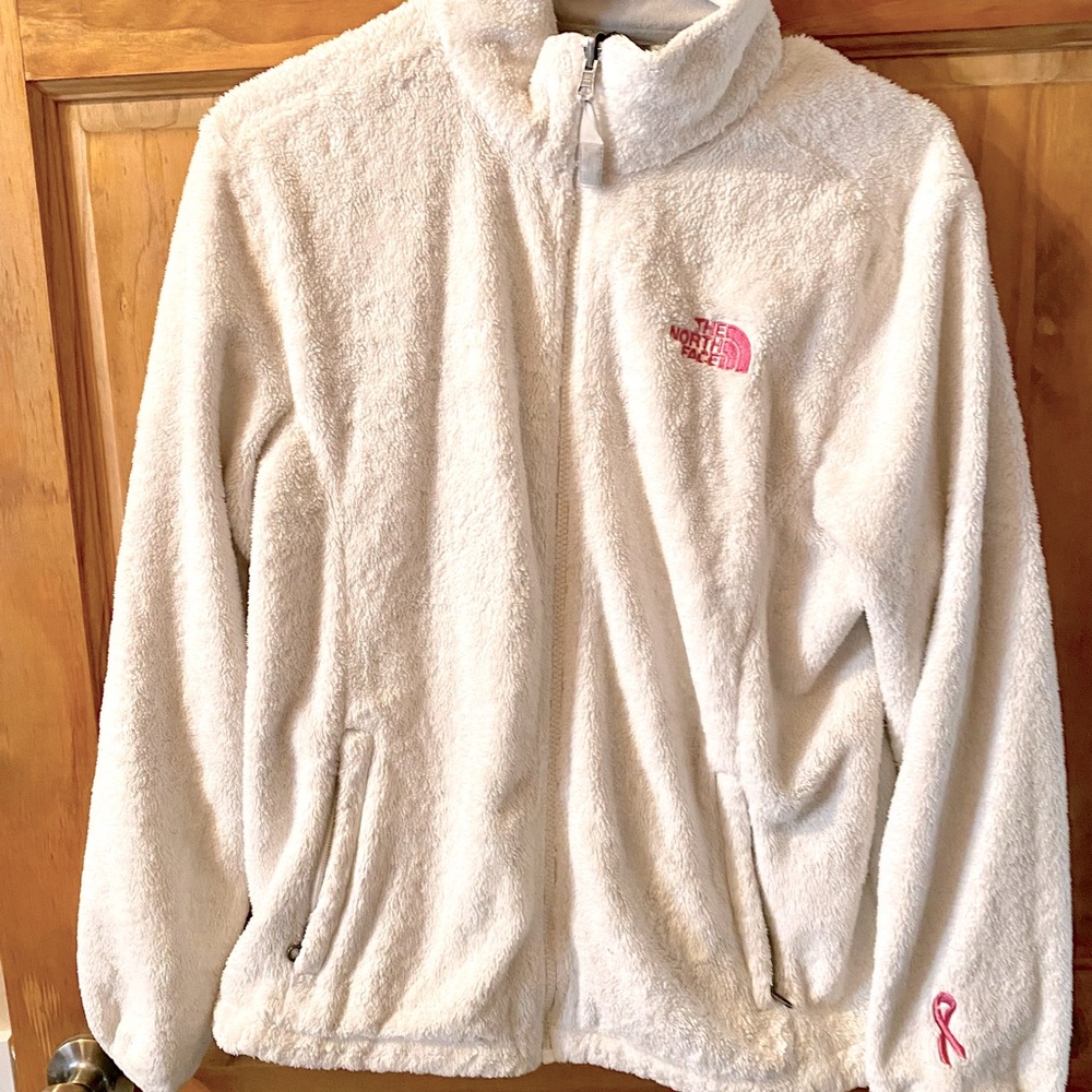 White, fuzzy Breast Cancer Awareness North Face zip-up